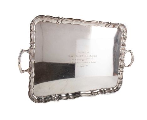 GEORGE V SILVER TWIN HANDLED TRAY,of large size and heavy gauge, maker Harrison Brothers &amp; Howson, Sheffield 1919, inscri