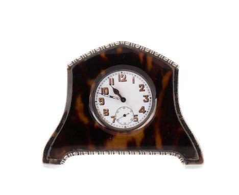 ART DECO SILVER AND TORTOISESHELL BEDSIDE TIMEPIECE,maker Horton &amp; Allday, Birmingham 1922, the white enamel dial with Ar