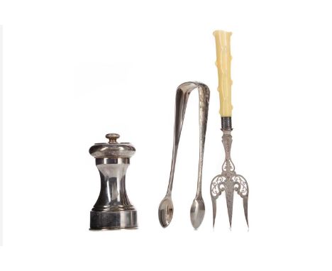 PAIR OF VICTORIAN SILVER SUGAR TONGS,maker William Coghill, Glasgow 1873, initialled MRD, 49g, along with a silver pepper gri