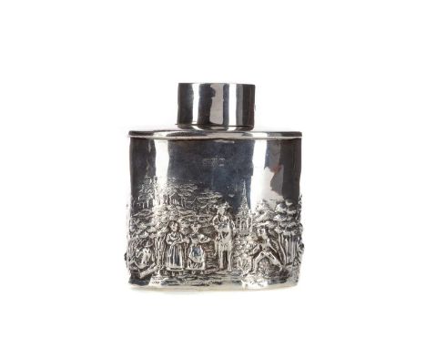 GEORGE V SILVER TEA CADDY,maker George Nathan &amp; Ridley Hayes, Chester 1914, relief decorated with country figures in land
