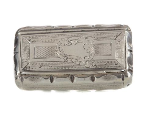 VICTORIAN SILVER SNUFF BOX,maker Frontin Adolfe, Paris 1890, of shaped oblong form with engine turned exterior and blank cart