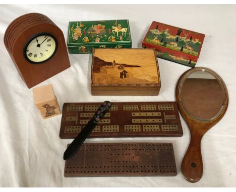A treen selection to include 2 x painted Indian boxes, marquetry inlaid box, 2 x cribbage marker boards, mahogany hand mirror