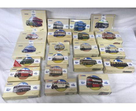 Twenty one boxed Corgi die cast models of buses, double-deckers, coaches and trams.Condition ReportAll mint and boxed.