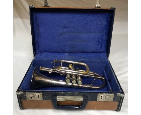 A silver plated Besson New Standard trumpet with mother of pearl finger buttons, case and mouthpiece. 34cm longCondition Repo