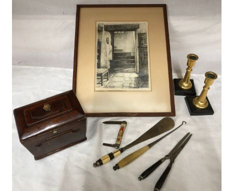 Miscellany to include: boxwood tea caddy 15 w x 10 d x 12cm h, framed CE Bartlett print ? The Staircase at Stair House? 23 x 