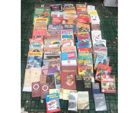 A large collection of annuals and comics. Dan Dare hardback books, Eagle, 2000AD, Victor, Valiant, Hotspur, Roy of the Rovers