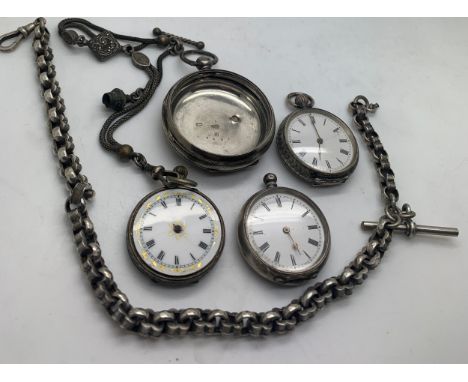 Three continental silver pocket watches together with sterling silver watch chain and T bar and a Chester 1842 pocket watch c