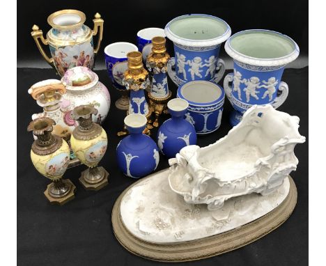 A mixed lot of ceramics to include Jasperware style vases, goblets, Dresden ginger jar, 2 x pair of candlestick holders and a