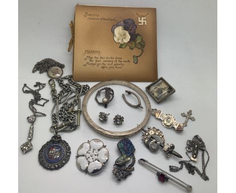 Vintage silver and white metal jewellery to include silver and enamel white rose brooch, swastika pendant marked .800, birthd