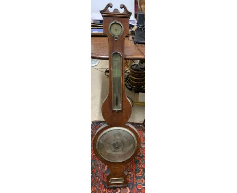 A 19thC mahogany banjo barometer. 98cm h. Missing bottom dial knob and section of beading. Glass to top missing.