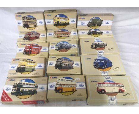 Corgi diecast model buses, trucks, double deckers and coaches. (15 in total).Condition ReportAll mint and boxed.