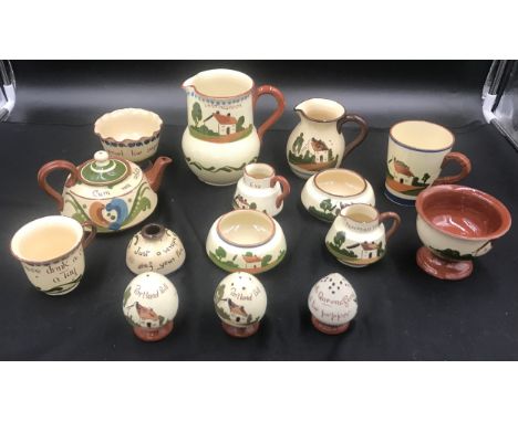 Selection of Torquay Motto ware, various makes, some unmarked. Tallest jug 14cm h, teapot 9cm h, small bowls, ring, cup and c