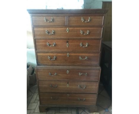 An 18thC oak chest on chest, two short drawers on bracket feet. 100 w base x 52 d x 167cms h.Condition ReportSome evidence of