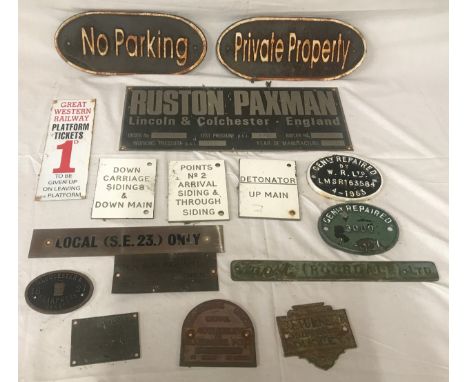 Selection of metal and plastic engine and machine plates together with plastic and metal railway signs and 2 cast iron reprod