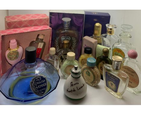 Various glass perfume bottles to include 2 x full Norfolk Lavender (one Queen's Silver Jubilee edition) and empty bottles to 