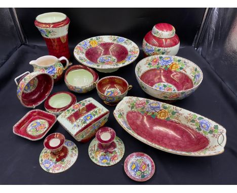 Fifteen pieces of Maling 'Peony Rose' pattern to include vase 20cm h, ginger jar 17cm h, bowls, dishes, candlestick etc.Condi