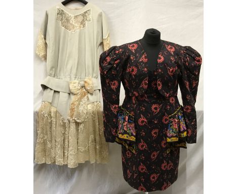 Two 1980's dresses to include a Gina Fratini batique cotton jacket and matching strapless dress Uk size 16 together with a cr