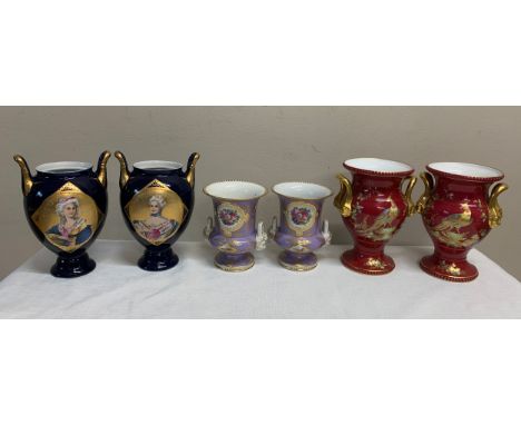Three pairs of vases to include Spode Copelands china 16cm h.Condition ReportOne pair lacking lids, Spode with small repaired