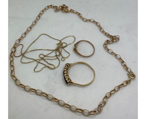 A 9 carat gold to include 2 chains and 2 rings . Total weight 6.9gmCondition ReportRing mishappen.