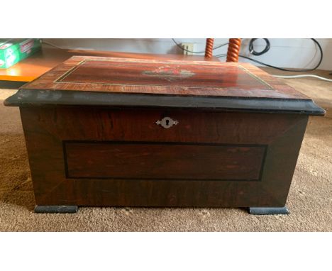 A late 19thC table top polyphon music box. 41 w x 19 h x 27cm d. Discs 21cm diameter.Condition ReportOriginal worn condition.