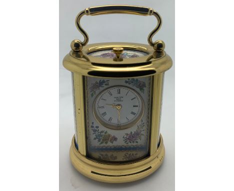 Miniature Halcyon Days Enamels brass and enamel carriage clock. 8.5cm h.Condition ReportUntested, small marks to brass.