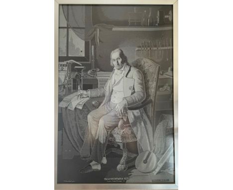 A framed woven portrait of Jean-Marie Jacquard (Inventor of the Jacquard Loom) 48 x 31cms. Drawn by Fritz Kaeser after the pa