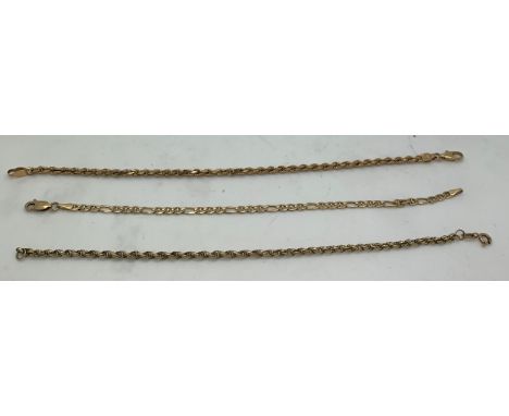 Three 9 carat gold chain bracelets. 11.1gm total weight.