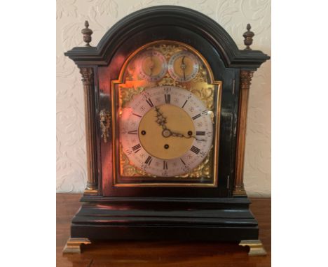 A fine quality chiming bracket clock in ebonised case. Chiming on 8 bells. 47.5 h x 40 w x 21cm d.  Working condition. 