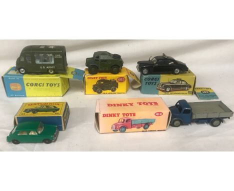 Boxed Dinky diecast collection: model 209 Riley Pathfinder Police Car, 688 Field Artillery Tractor, 359 Army Field Kitchen, 4