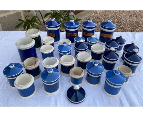 A large quantity of 19thC blue and white ceramic ointment jars, some with lids, most a/f. Provenance: Bratley Chemist, Pontef