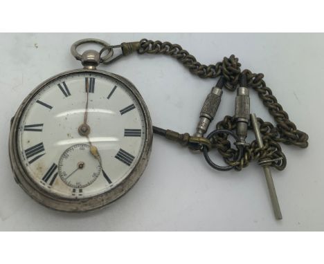 Silver cased pocket watch with metal chain.Condition ReportLoose glass.