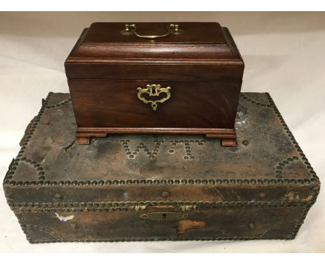 Leather and brass bound pine box with makers label James and Playfair, London 43cm w x 25cm d x 14cm h and a mahogany tea cad