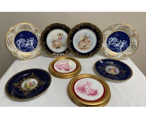 Three pairs of decorative Continental plates with cherubs and courting couple together with 2 framed ceramic plaques.Conditio
