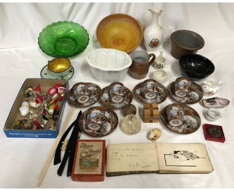 A mixed selection to included Crested ware jug 20cm, various ceramic bowls, jelly mould, green glass dish, Japanese part tea 