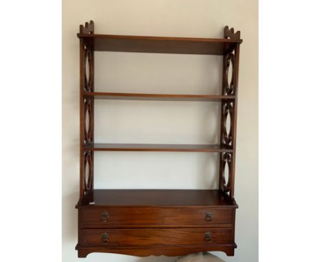 A wall hanging shelf unit in mahogany with 2 drawers to base. 108 x 70 x 20cm.Condition ReportGood condition.