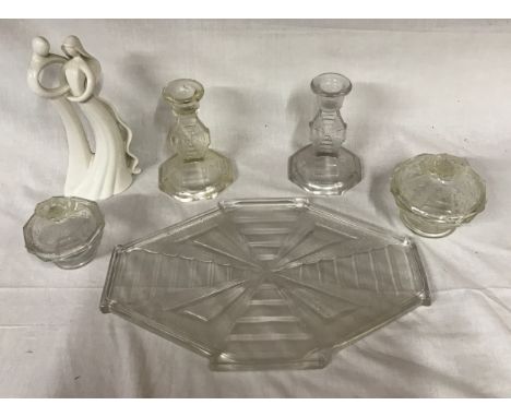 Glass dressing table set to include a pair of candlesticks, 2 x powder bowls and a tray 32cm l together with a Circle of Love