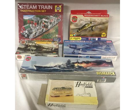 Model kits, Airfix A04204 Bismarck, 02071 Fairey Swordfish, A91030 Messerscmitt Me262A, Hadfields Tram 00/40 gauge, Academy m