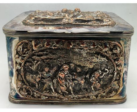 A 19thC good quality silver plated tea caddy with two compartments. 17.5 l x 13 w  x 11cm h.Condition ReportSome wear to silv