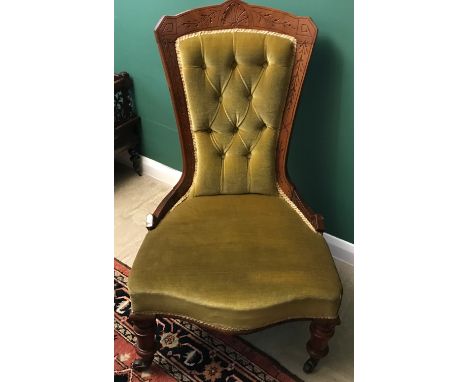 Mahogany framed upholstered, button back nursing chair, height to seat 40cms, height to back 95cms, 58cms w.Condition ReportS