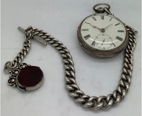 Silver pocket watch, chain and fob, London 1872. Untested. Total weight 226gm.Condition ReportUntested.