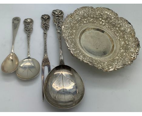 White metal to include bon bon dish, 3 spoons and a fork. 123.5gm total weight. All marked 800.Condition ReportGood condition