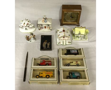 A miscellany to include 3 Coalport miniature houses and unmarked cottage, a M J Hummel snowman figurine, a small framed night