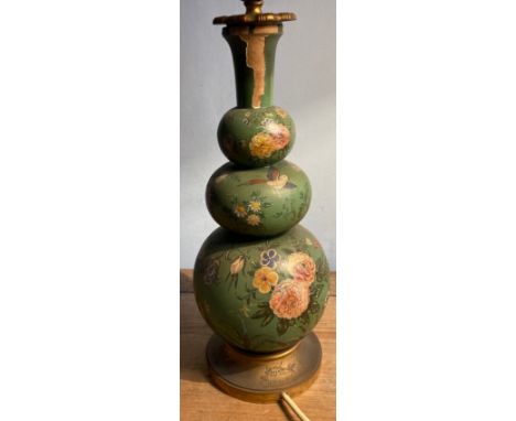 Painted wooden table lamp 62cm h to top of fitting together with original shade and a waste paper bin 33cm h, painted with Ch
