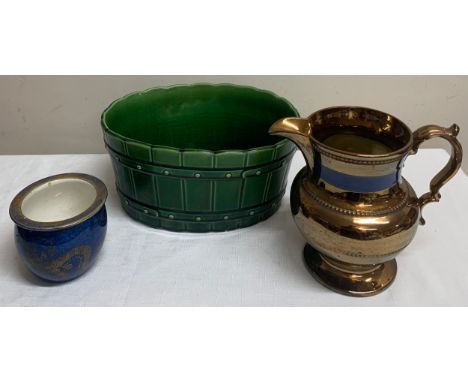Ceramics to include Maling pot, copper lustre jug and a green Wardle planter, jug 16.5cm h.Condition ReportGood condition.