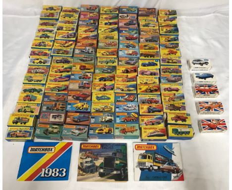 A collection of 105 boxed Matchbox, Superfast and Rolamatics diecast models together with 5 boxed Corgi diecast vehicles and 