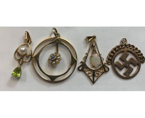 Four various 9ct pendants to include opal, pearl etc. 6.2gm.Condition ReportGood condition.