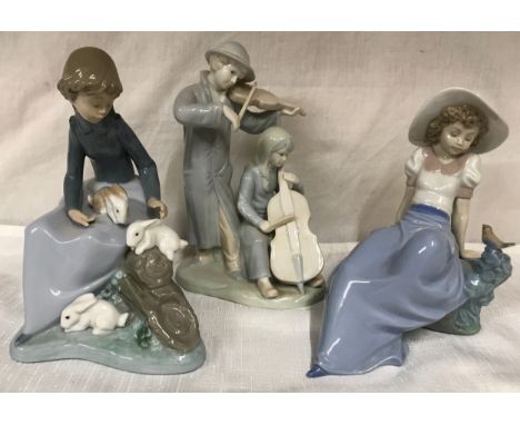 Nao Lladro figurines, Girl with Rabbits 17.5cm h, Girl with small bird 15.5cm h and an unmarked figurine of musicians 18cm h.