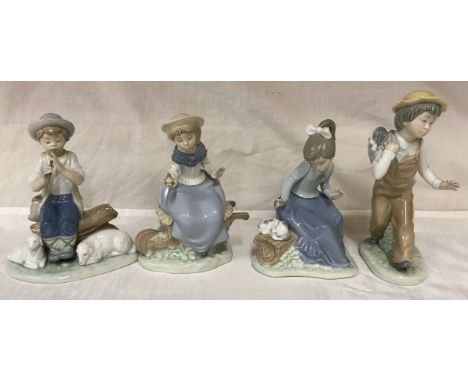 Four Nao Lladro figurines: Shepherd Boy 18cm, Girl with bird in hand 18cm, Girl with puppy 17.5cm and Boy with puppy 20.5cm h