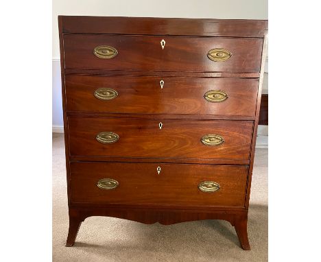 A mahogany 19thC chest of drawers on splayed bracket feet with 4 long drawers, brass handles and ivory escutcheons. 91 w x 11