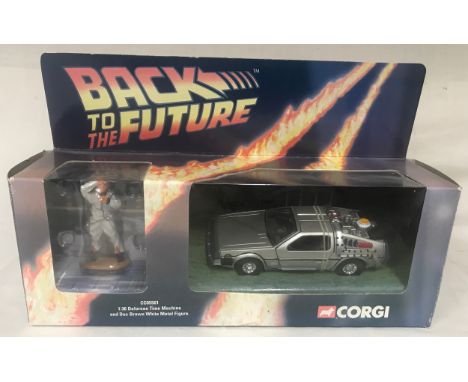 Boxed Corgi CC05501 Back To The Future 1.36 Delorean Time Machine and Doc Brown white metal figure.Condition ReportMint and b